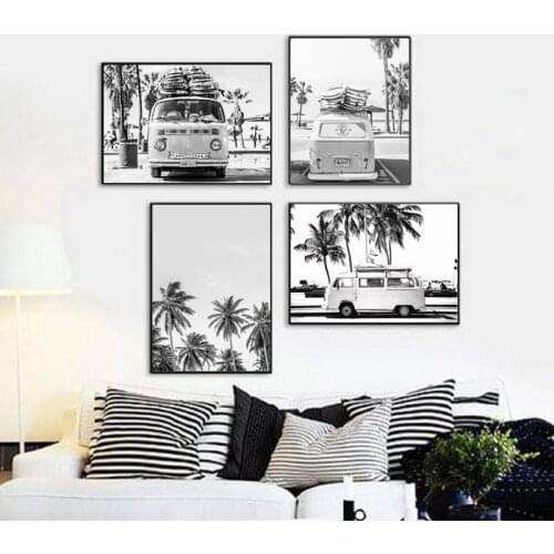 Camper Van Beach Surf Canvas Art Print Black White Photography Ocean Poster Palm Tree Painting Boho Wall Picture Home Room Decor