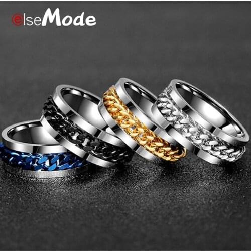 ELSEMODE Punk Rock Men Spinner Ring Titanium Stainless Steel Gold Black Chain Rotable Rings For Women Accessories Size 6-12