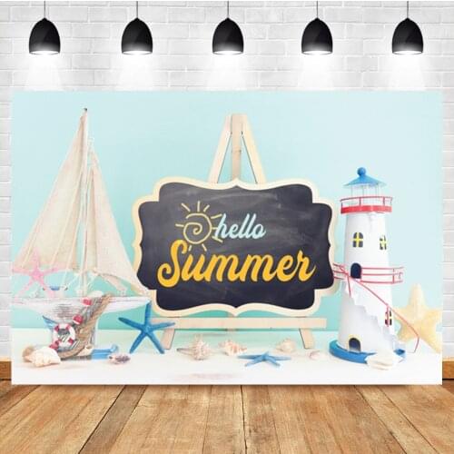 Laeacco Baby Birthday Summer Cartoon Lighthouse Sailboat Photographic Backdrop Photo Photography Background For Photo Studio