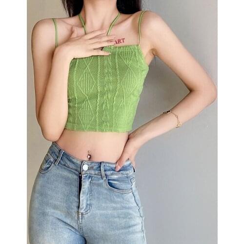 Fashion Women Tank Top Halter Camis Top Sexy Sleeveless Spaghetti Strap Cable Knit Camisole Streetwear