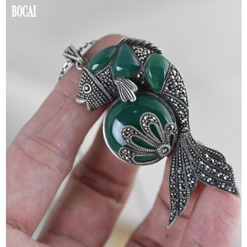 BOCAI New Real S925 Silver Jewelry Retro 2021 Fashion Faceted Crystal Round Beads Maxi Stone Necklace Pendant for Women