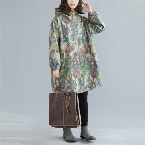 2021 Autumn Winter Women Oversized Parkas Hooded Vintage Print Green Floral Parkas Zipper Pockets Loose Baggy Thick Female Coat