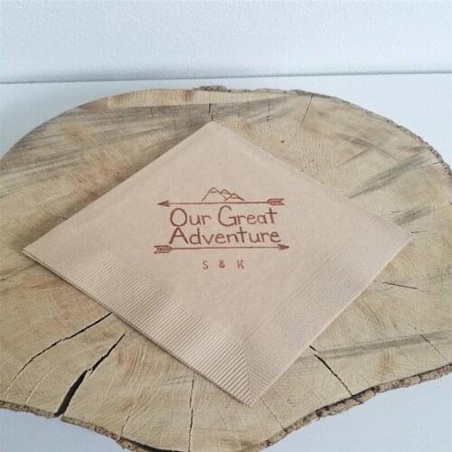Personalized Napkins Our Great Adventure Rustic Wedding 3 Ply Paper Cocktail with Initials Light Burlap with Sepia ink Adventure