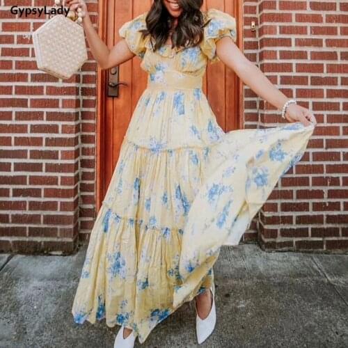 GypsyLady Fancy Floral Print Maxi Dress Yellow Vintage Casual Chic Women Dress Ruffles Pull Sleeve Summer Long Dress New 2021