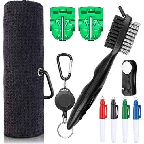 Golf Towel and Brush to Clean Golf Club with Magnet Divot Tool,Golf Ball Liners,Line Marker Pens 9 in 1 Golf Accessories