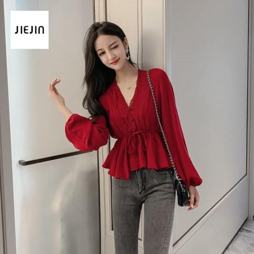 Shirts Red For Women Tops High Quality V Neck Korean Elegant Ladies Office Shirts White Red Long Sleeve Ruffles Chiffon Blouses