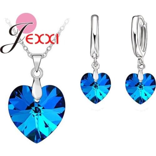 925 Sterling Silver Romantic Austrian Crystal Jewelry Heart Pendant Necklaces Lever Back Earrings Woman Accessories Gift
