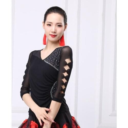 Autumn Women Latin Dance Tops Fashion With Diamonds Lace Sleeves Adult Training Clothes V-neck Modern Ballroom Dancing Clothes