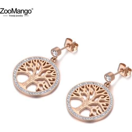 ZooMango Office Style Stainless Steel Flowers Tree Stud Earrings Jewelry Trendy Clay CZ Crystal Plant Earrings For Women ZE19277