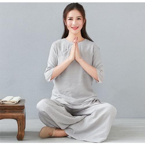 2021 chinese style woman tea art suit cotton and linen multicolor round collar exercise kung fu yoga uniform home service suit