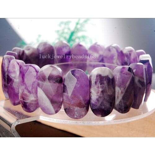 Free Shipping Fashion Jewelry 10x20mm Natural Purple Crystal Art Oval Women Men Beads Elastic Bracelet 7.5" FG7578