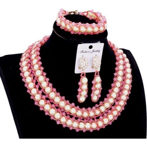 Bridal Sets Jewellery Peach White Women Imitation Jewelry Set Pearls 2 Layers Bracelet Earrings Necklace Set Free Shipping 2018
