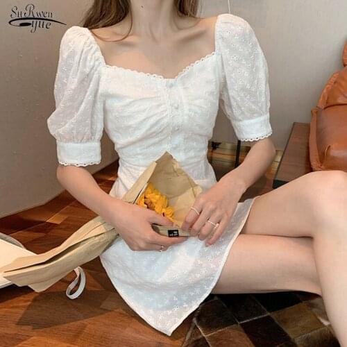 New Vintage Elegant Lace Dress Women Embroidery Square Collar Floral Summer Dresses Puff Sleeve Casual Korean Party Dress 15338