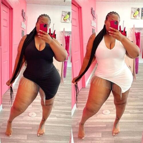 Sexy Night Club Party Dress Women Sleeveless V-neck Tassel Bodycon Skinny Dresses White Black Beach Outfits Plus Size 5XL 4XL