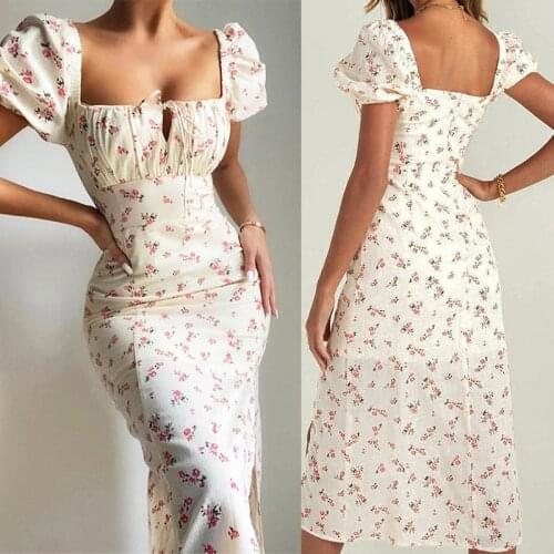 2021 Summer Dress Womens Square Neck Short Sleeve MIDI Sun Skirt Elegant Party Dress Robe Beach Resort Retro Sun Skirt Women