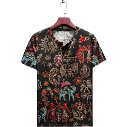 2019 Summer New Fashion Boutique Cotton and Linen Mens Casual Round Neck Short-sleeved T-shirts Printed Large Size S-5XL