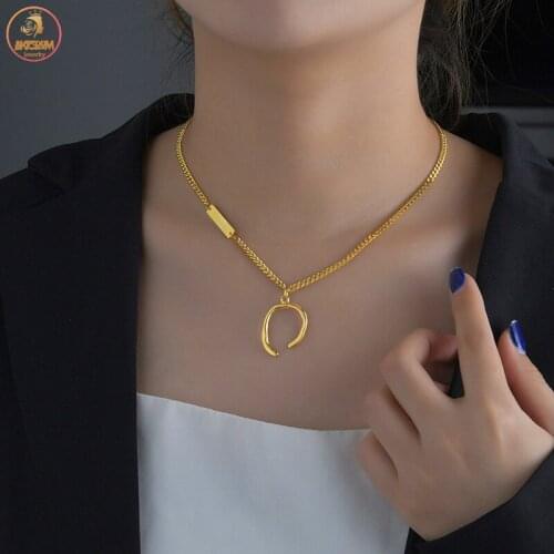 Akizoom Ins Fashion Necklace Cuban Chain Geometric Semicircle Necklace Stainless Steel Pendant for Women Birthday Jewelry Gift