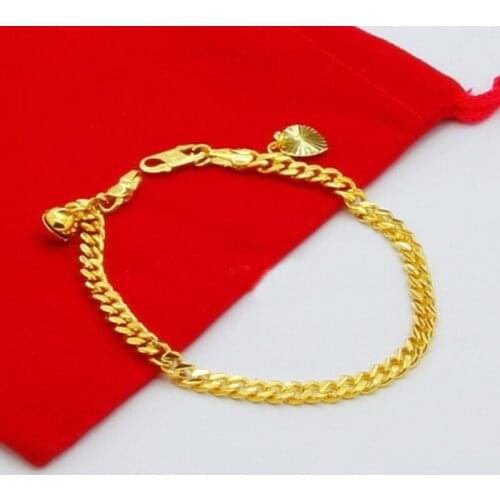 Free Shipping 24K Gold-color 4MM Chain Bracelets Bell With Heart Charm Bracelets Jewelry For Women Gift