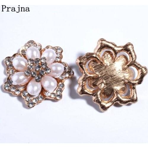 Prajna 5PCS Flower Rhinestones Pearl Crystal Badge Button For Wedding Accessories Rhinestone Decoration Hair Dress Applique 40mm