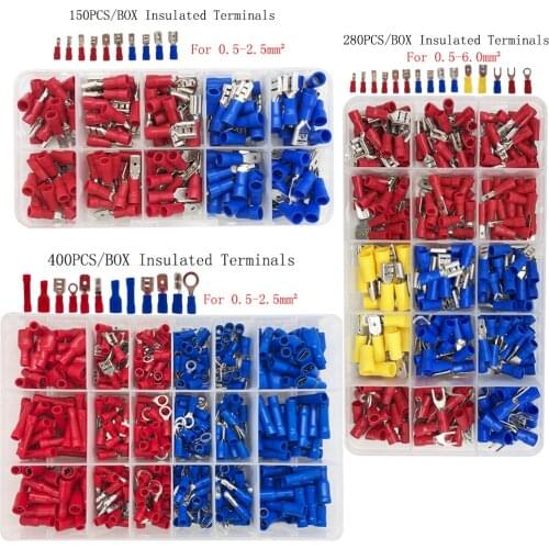 150/280/400PCS Insulated Cable Connector Electrical Wire Assorted Crimp Spade Butt Ring Fork Set Ring Lugs Rolled Terminals Kit