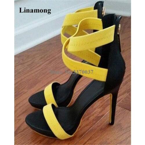 Beautiful Women Yellow Banded Platform Stiletto Heel Gladiator Sandals Back Zipper-up Strap Cross High Heel Sandals Dress Heels