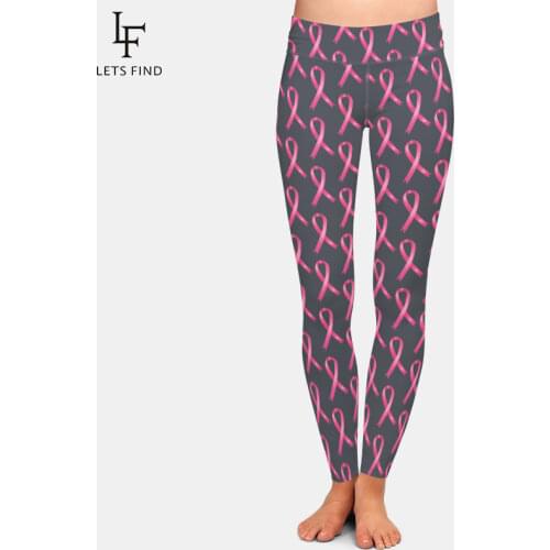 LETSFIND New Design Pink Ribbon Print Womens Leggings High Waist Plus Size Show Thin Soft Stretch Leggings