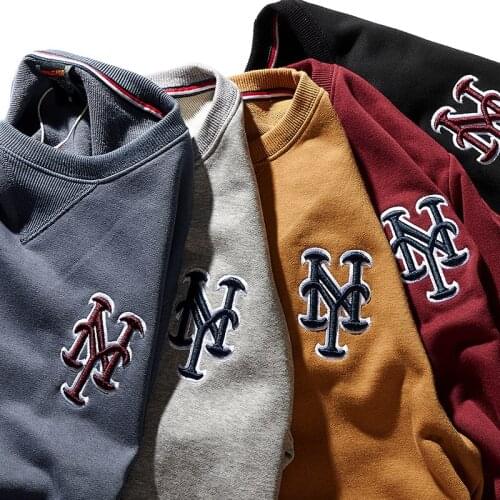 American Retro Terry Embroidery Hoodies Mens Pure Cotton Washed Old Round Neck Pullover Knitted Long-sleeved Casual Sportwear