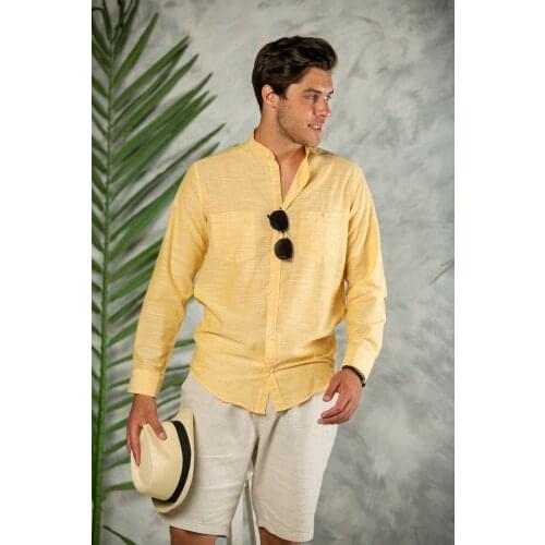 Mens Black Striped Filament Cotton Regular Fit Loose Linen Shirt with Pocket Yellow Blue Green Beige Khaki Claret