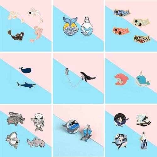 Set Cartoon Fun Animals Marine Life Enamel Brooch Whale Shark Dolphin Goldfish Marine Badge Pin Clothes Bag Accessories Jewelry