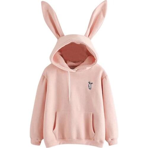 ARWR 2021 Fall/Winter Womens Hoodie Kawaii Rabbit Ears Fashion Hoodie Casual Solid Color Warm Sweater Womens Hoodie