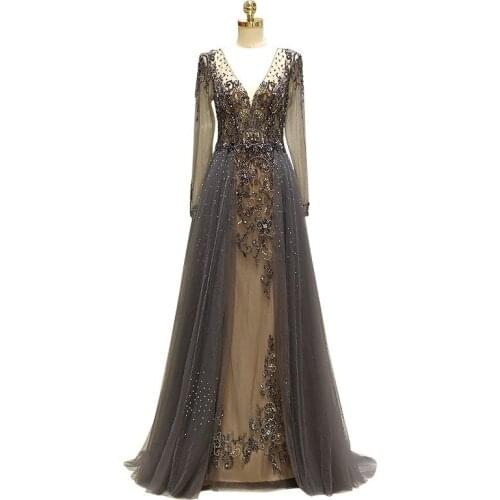 Luxury Tulle V-Neck with Beading Full Sleeves Appliques Ball Gown Floor Length Party Dresses Vestido de noche Robe de soiree