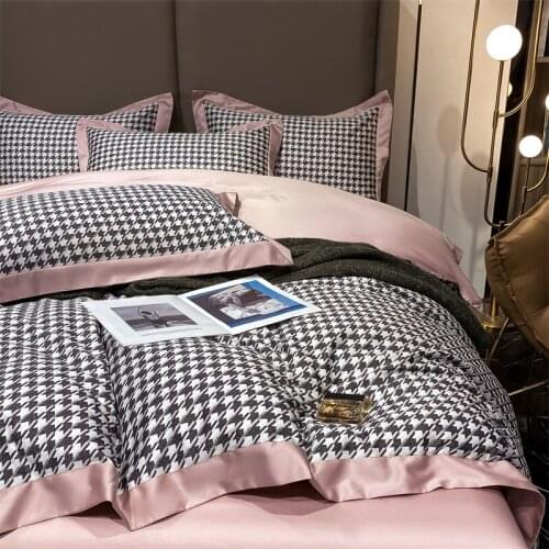 Luxury Houndstooth Bedding Set Cotton Silky Soft Duvet Cover 220x240 Bed Linen Sheet Set King Queen Size Bedding Set 4Pcs
