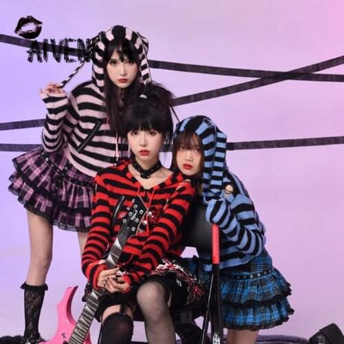 Harajuku Gothic Girls Sweater Coats Cropped Rock Punk Striped Cute Rabbit Ears Hooded Knitted Sweater Cardigan Streetwear AFC896
