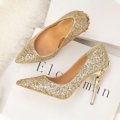 Pointed Toe Women Pumps 10.5CM Thin High heels Shoes Sequined Cloth Slip On Rhinestone Bling Party Wedding women shoes 2020