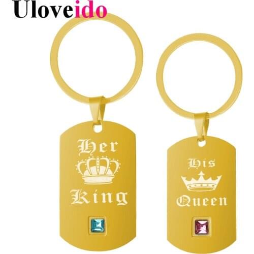 Uloveido Gold Color 2 Pcs Trinkets Keychains "Her King,Her Queen" Key Chain Stainless Steel Keychain Accessories Friends SN130