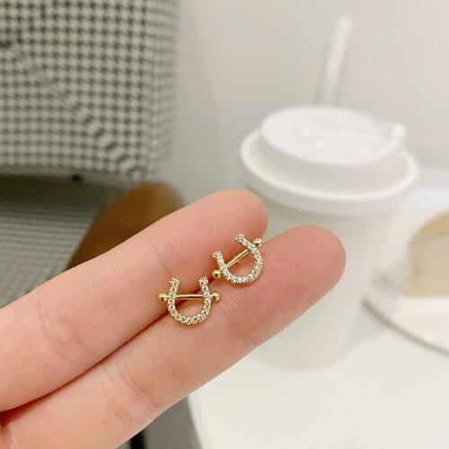 Korea New Design Fashion Jewelry Exquisite 14K Real Gold Plated Compact CZ Zircon Earring Simple Womens Daily Letter U Earrings