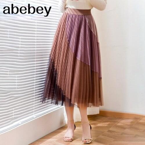 2021 Spring Summer 3 Layers Women Korean Style Elegant Patchwork Mesh High Waist Midi Long Tulle Pleated Skirt Female