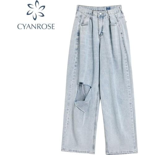 Autumn High Waist Ripped Jeans Womens 2020 Wide Leg Denim hole Blue Fashion Straight Cut Rotten Vintage loose Jeans Women