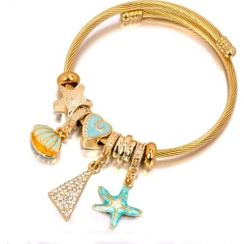 2021 Gold Color Stainless Steel Bracelets & Bangles Ethnic Boho Starfish Shell Crystal Charms Bracelet for Women Fashion Jewelry