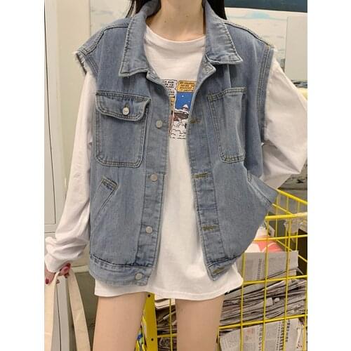 6025 New Spring Women Denim Vest Korean Version Lapel Single-Breasted Multi-Pocket Button Fashion Trend Loose Female Coat Blue