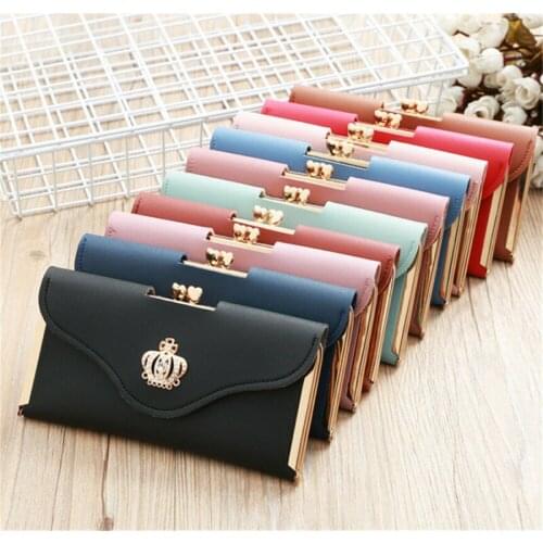 Womens Wallet Ladies Crystal Diamond Crown Decorated Long Card Holder Clutch Bag Case Female Retro Leather Purse Handbag