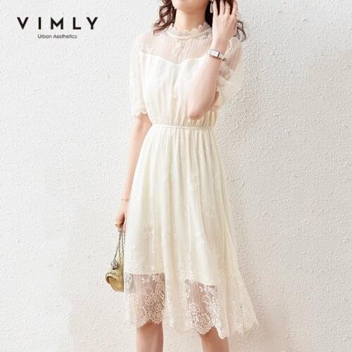 VIMLY Elegant Dresses For Women Summer Hollow Lace Dress High Waist Elastic Puff Sleeve Dresses Female Sexy Party Vestidos F7165