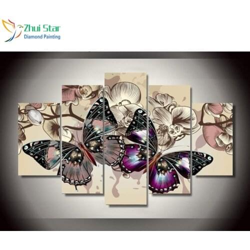 Zhui star 5D DIY all Square drill Rhinestones painting 5pcs/set Butterfly flowers Decoration Home diamond Cross Stitch decorate