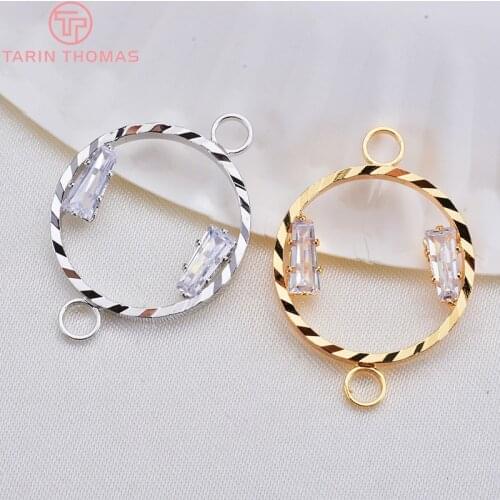 6PCS 24x46MM 24K Gold Color Plated Brass with Zircon Round Connector Charm Pendant High Quality DIY Jewelry Making Findings