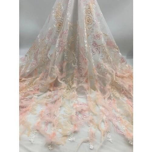 2020 elegant 3d flower pink with feather embroidery African tulle lace fabric Nigeria French fabric ZX4423