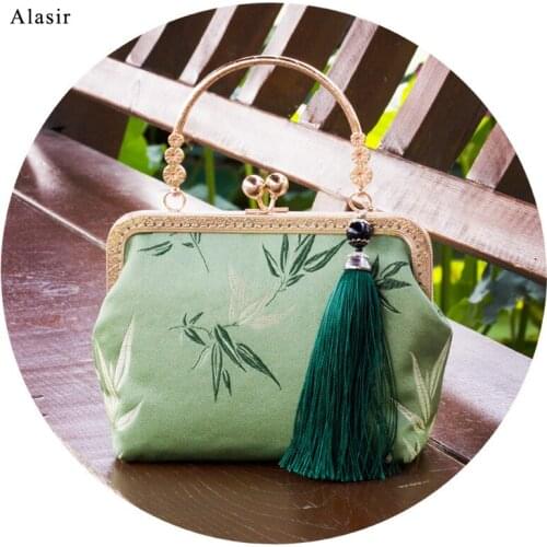 Alasir Silk Chinese Style Women Handbags Frame Tote Bags Embroidery Bamboo Elegant Clutch Purse Tassel Evening Shell Bags