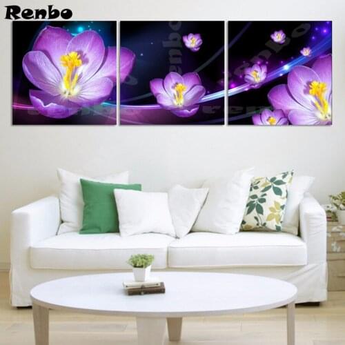 5D diy Diamond Embroidery Purple Flowers Picture of Rhinestones,Diamond Painting 3 Pieces Cross Stitch Kits Mosaic Home Decor A1