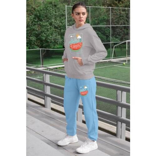 Angemiel Wear Colorful Hello Summer Women Tracksuit Set Gray Hooded Sweatshirt Blue Sweatpants