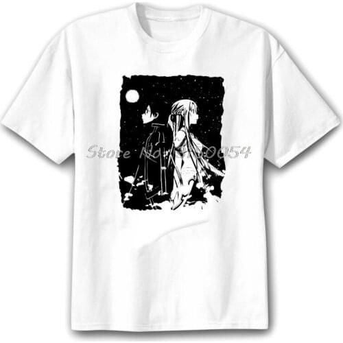 SAO Anime Sword Art Online Print White Men T-shirt Asuna&Kirito Top Tshirt Cotton Loose Short Sleeve Tshirt Japanese Tees