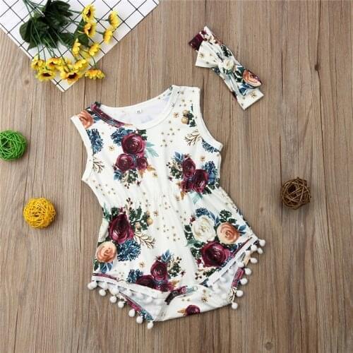 Kids Baby Girls clothes Tassel Flower print round neck sleeveless Bodysuit bow Geometry Headband 2pc Toddler lovely Outfits